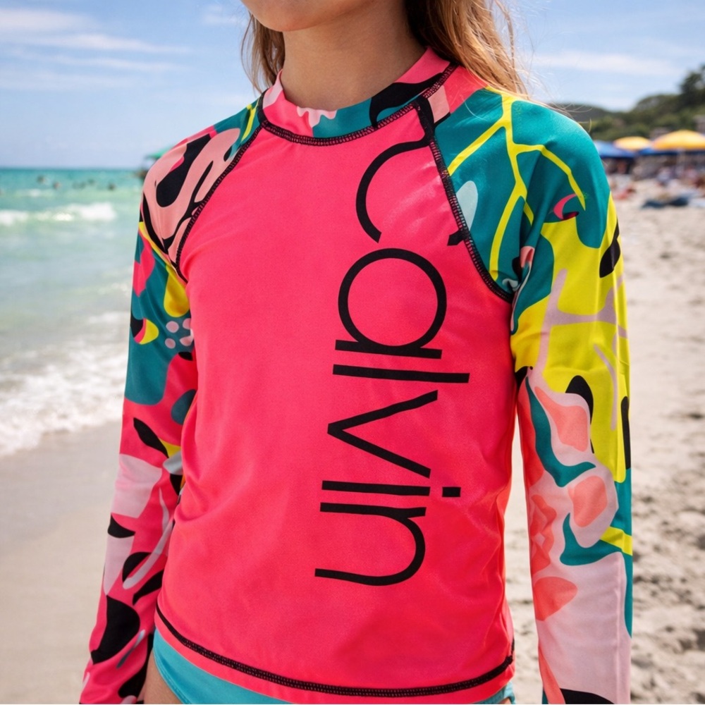 Calvin Klein Girls Rash Guard Swim Shirt S 7 Pink Long Sleeve UV Protection